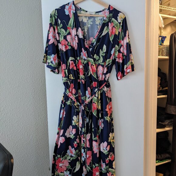 Floral Midi Dress 3/4 Sleeves Faux Wrap - Picture 3 of 3